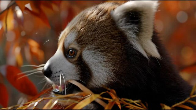 A cute baby panda bear is eating leaves from a tree