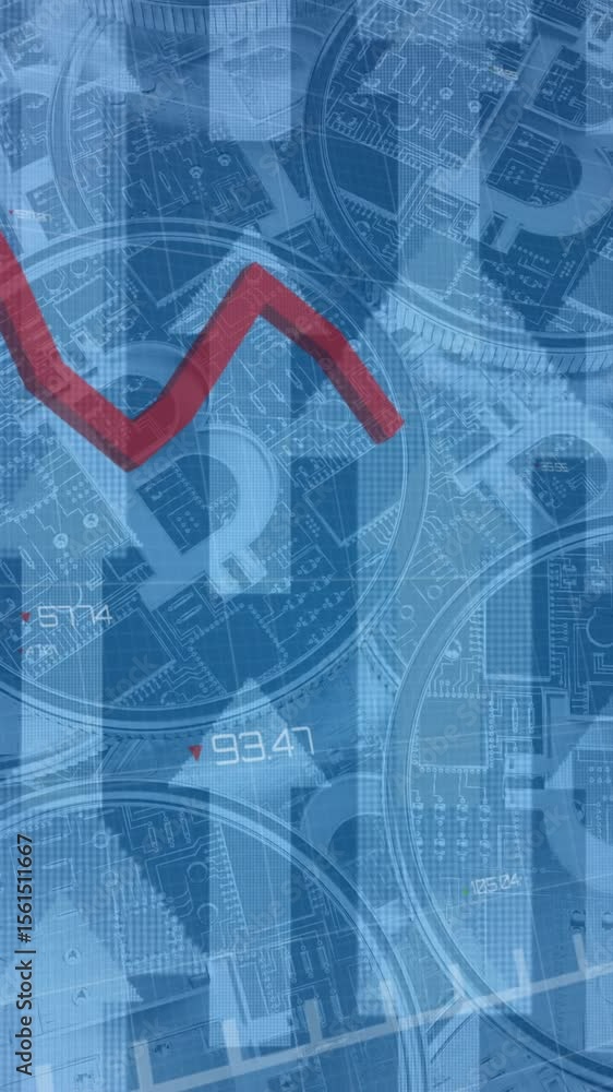 Poster animation of financial data processing with red lines and arrows pointing up over bitcoins