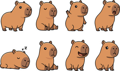 vector illustration of capybara funny cute cartoon mascot character cartoon with 8 poses 