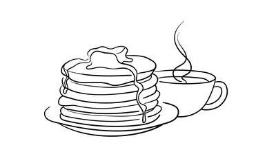 Coffee with pancakes, continious line drawing. Breakfast. Vector illustration