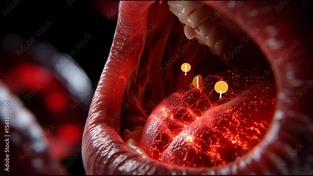 Poster a close up of a mouth with a red glowing object inside