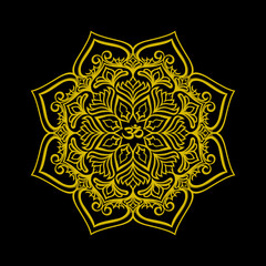 Elegant golden mandala with Om symbol on black background. Perfect for spiritual designs, meditation visuals, tattoos, and decor items.