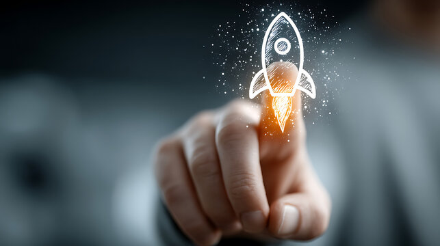 Hand touches rocket startup launching digital innovation and technology symbolizing new business ventures and entrepreneurial success with imagination and creativity representing growth