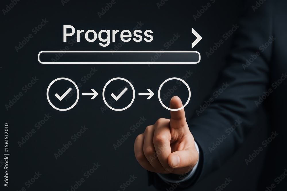 Poster a hand interacts with a progress visualization on a dark background.