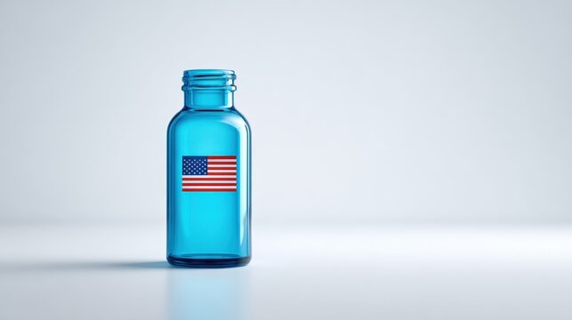 Blue glass bottle with American flag label on plain white background.