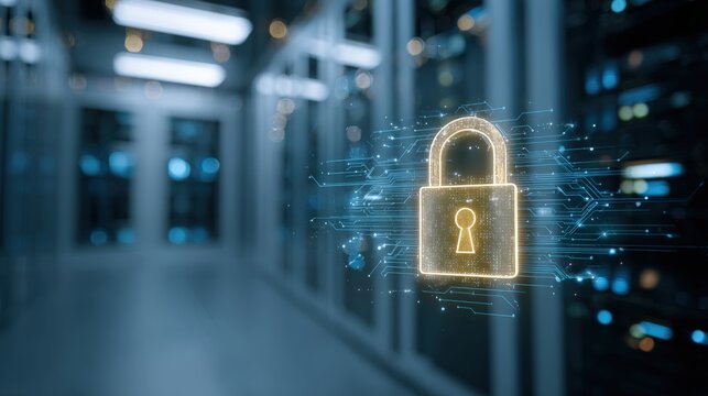 Digital security lock icon glowing in a data center with server racks and technology background. - Powered by Adobe