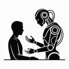 Human and robot in silhouette interacting with open hands and thoughtful expressions