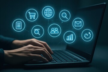 Hands typing on a laptop with digital icons overlayed.