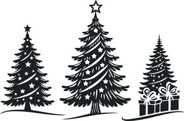 Fototapeta premium A festive set of vector silhouette illustrations featuring Christmas trees, ideal for holiday and winter designs. These elegant tree silhouettes capture the spirit of the season.