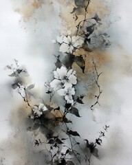 Subtle umber slate watercolor wash with atmospheric blooms and sparse ink marks, minimalist negative space background template.
