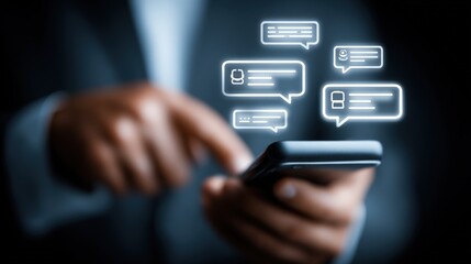 Businessman Using Smartphone with Chat Messages Floating in Digital Interface Background.