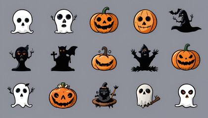 Fototapeta premium Set of Halloween Spooky Icons: Ghosts, Pumpkins, and Witches Collection.