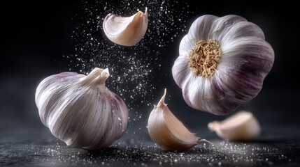 Fresh garlic bulbs with cloves falling and powder on dark background high detail.