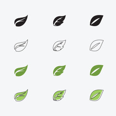 Green and black leaves icons set isolated on white background illustration. Vegan, tree, plant, fresh, energy and healthy nutrition concept.