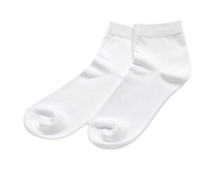 A pair of white socks, isolated on a white background, representing comfort, everyday wear, or laundry.