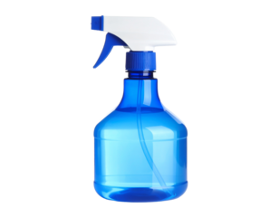 A blue stain remover spray bottle, isolated on a white background, for household cleaning and laundry.