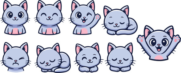 vector illustration of kitten cat puss  funny cute cartoon mascot character cartoon with 9 poses 