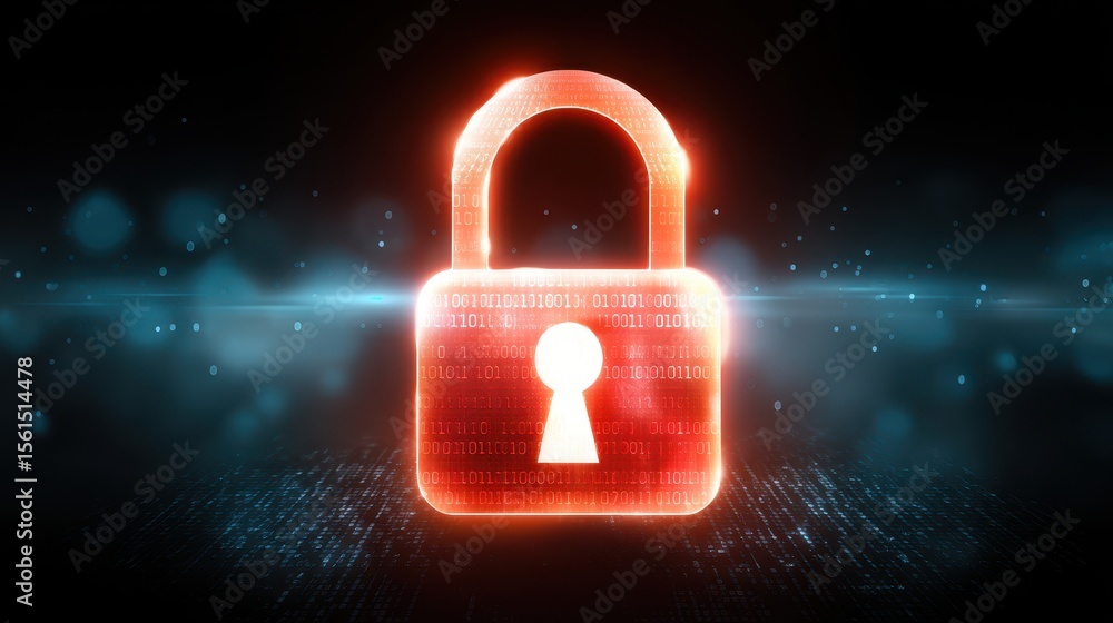 Poster digital lock symbolizing cybersecurity and data protection, set against a futuristic background of b
