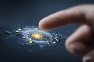 Close-up of a human finger touching a futuristic holographic digital interface with glowing elements.