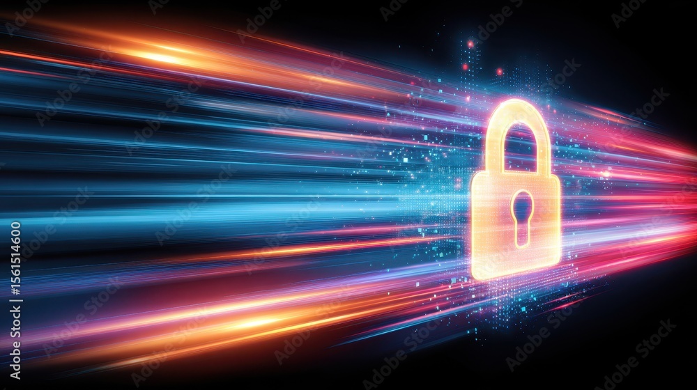 Poster digital lock icon with vibrant speed lines representing data protection and security in a futuristic