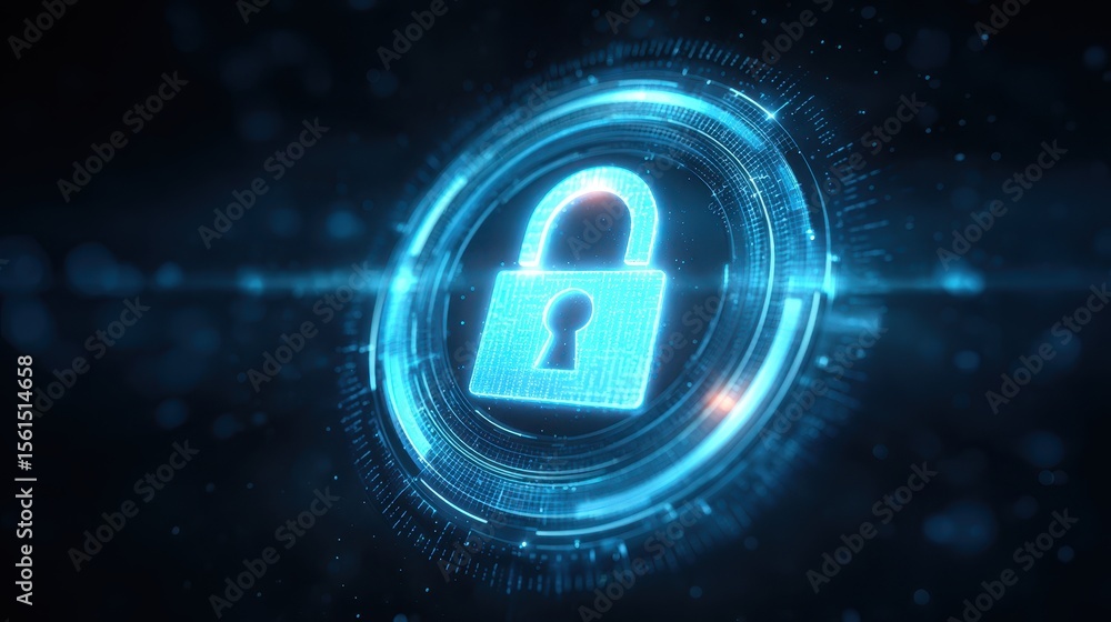 Poster digital padlock icon surrounded by glowing circular patterns, representing cybersecurity and data pr