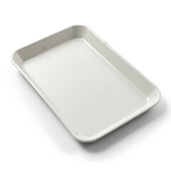 Scratched rectangular plastic tray with visible scuffs and wear  