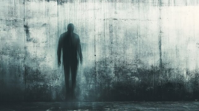 Moody Silhouette Figure Apparition Ghostly Walking Concrete Wall Background - Powered by Adobe