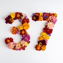 Number 37 made out of flowers with solid white background. Photo for 37th birthday or anniversary party