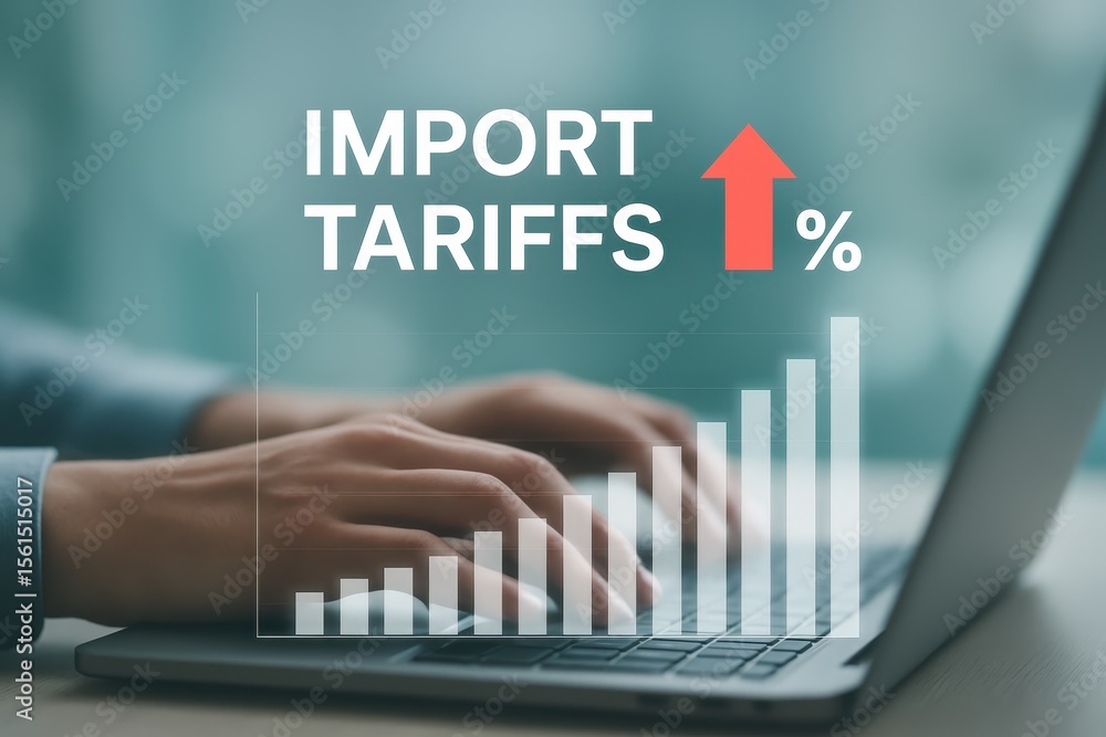 Poster hands typing on a laptop displaying import tariffs data.
