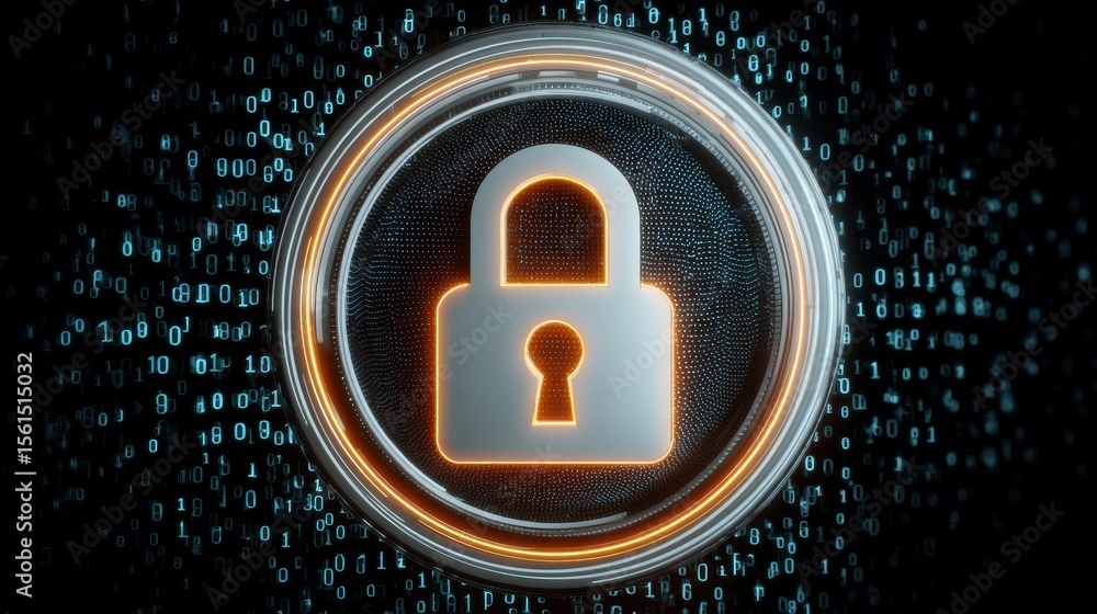Poster digital padlock icon surrounded by a matrix of binary code, symbolizing cybersecurity and data prote