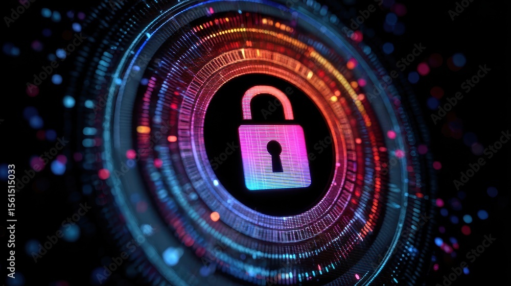 Poster digital lock symbol surrounded by vibrant, circular data patterns representing cybersecurity and dat