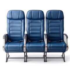 Obraz premium Three blue leather airplane seats are arranged in a row, isolated on white background