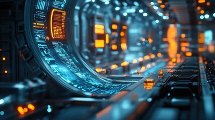 Futuristic Detailed Interior Spaceship Corridor with Technology Panels and Glowing Lights