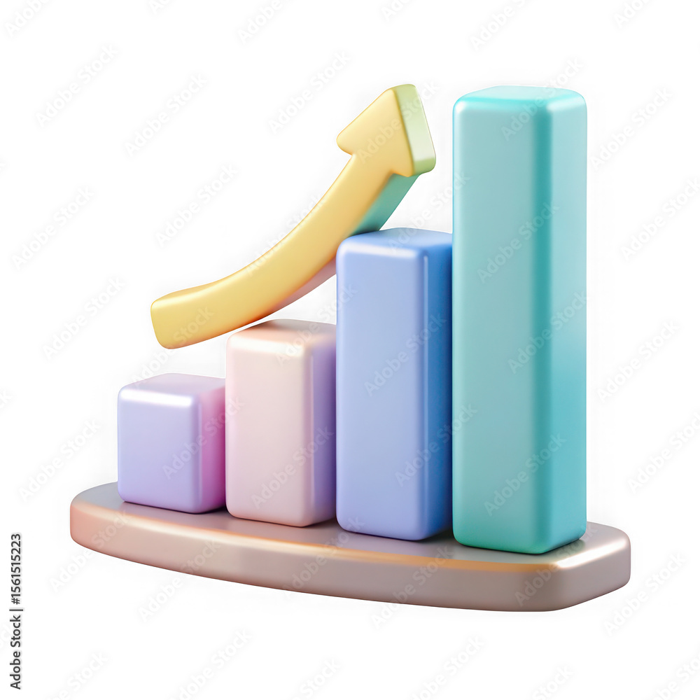 Poster 3d pastel bar chart with upward arrow isolated on transparent background