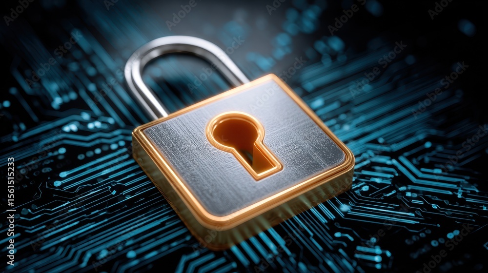 Poster a metallic padlock rests on a digital circuit background, symbolizing security and technology in cyb