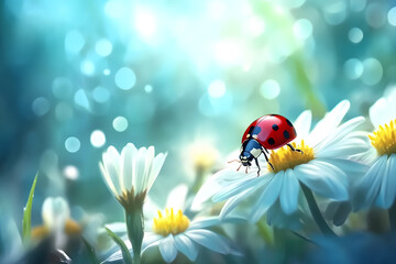 a ladybug sitting on a flower with a blurry background