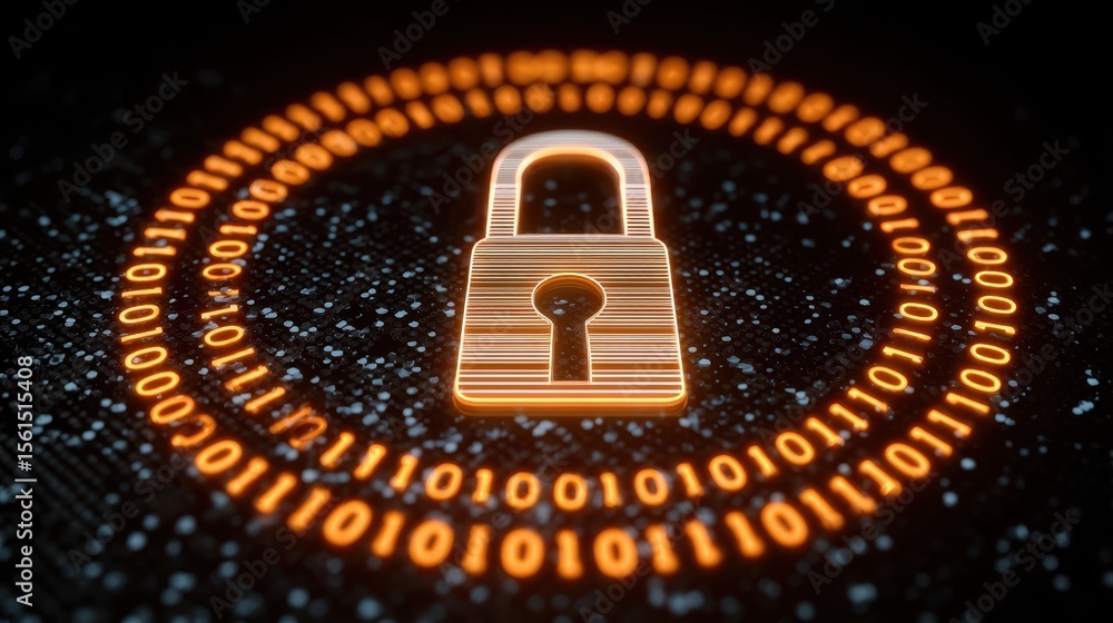 Poster digital padlock surrounded by binary code, symbolizing cybersecurity and data protection in a modern