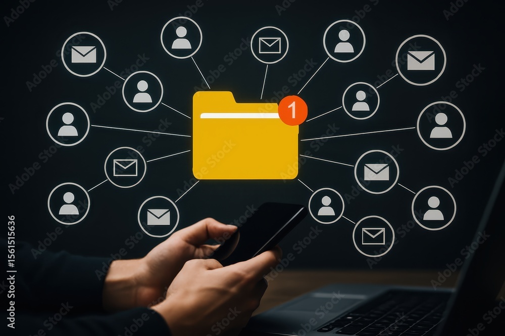 Poster a yellow folder with a notification icon connected to user and email icons.