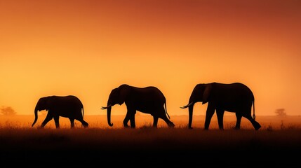 Fototapeta premium Majestic elephants walking across a vast plain during a stunning orange sunset.