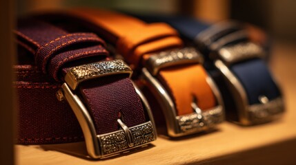Close-up of colorful fabric belts with decorative buckles arranged in a row.