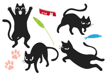 ベクター　目つきの悪い漫画タッチの黒猫4ポーズと猫グッズ