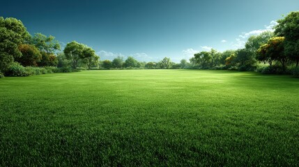 Obraz premium Lush green open park field with vibrant grass surrounded by trees under bright blue sky.