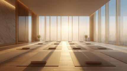 Spacious modern yoga studio with large windows and wooden flooring for meditation.