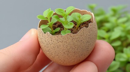 Tiny green sprouts growing in a cracked eggshell held in hand with a blurred green plant background.