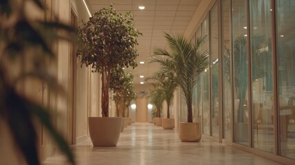 Modern indoor corridor with lush potted plants and large glass windows at sunset.