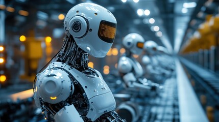 Fototapeta premium Futuristic Detailed Robot Assembly Line with Glowing Visor Technology Concept