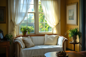 a living room with a couch and a table