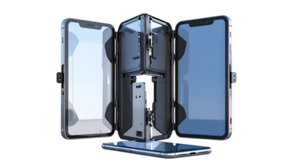 Modern foldable smartphone half-open, showing flexible screen and hinge, transparent background, 3D-style render isolated on solid white background