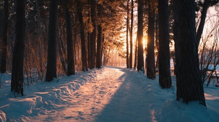 Serene winter landscape with snow covered forest trail during sunset in cold weather.