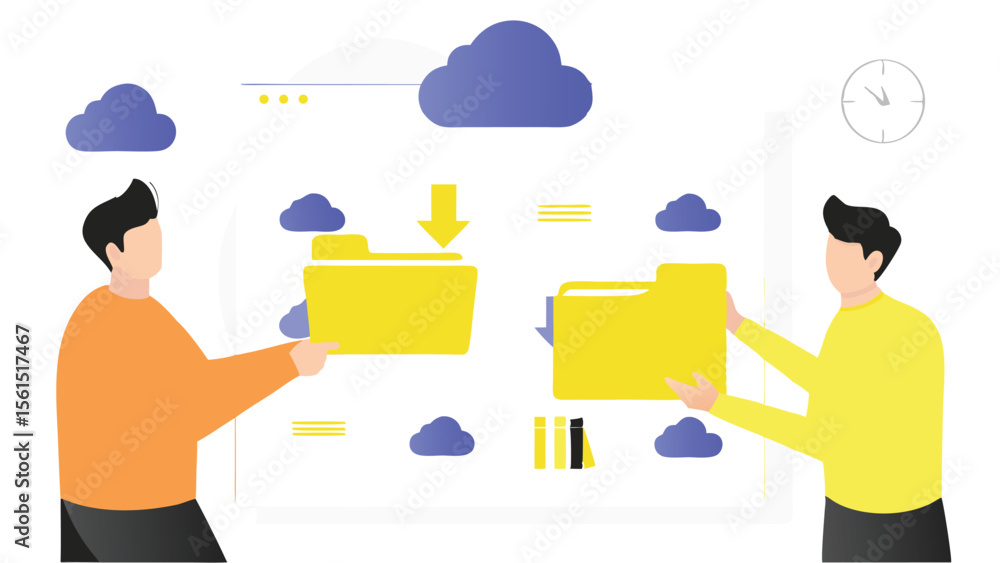 Aufkleber two people transferring data between folders with cloud storage and a clock on the wall behind them